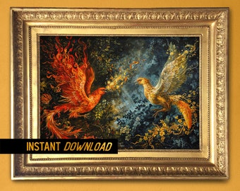 Enchanting Romantic Rococo Fire Birds - Fantasy painting, mythological animals Rococo art - Instant download