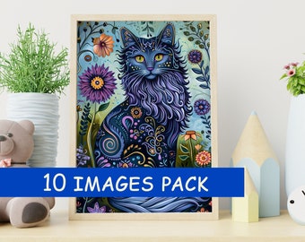 Folk Art Inspired Floral Cat artwork - Kids Room Decor khokhloma - 10 HQ image pack - Instant Download