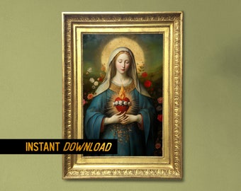 Immaculate heart of Mary art - Virgin Mary painting - Virgin Mary portrait baroque painting - catholic digital Instant download