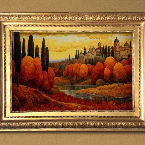 Autumnal Charm, tuscan landscape (Firenze), Italy Panorama Art, medieval inspired painting, Instant download