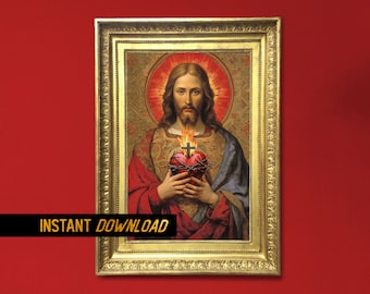 Sacred Heart of Jesus artwork Medieval Painting Portrait of Jesus Spiritual grace art for charity - Instant Download