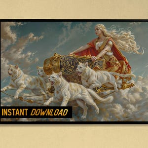 Freya Goddess of Love with Chariot of Cats - Freya Fantasy Norse Mythology Digital Art - Freyja Valkyrie Printable Art for Home Decor