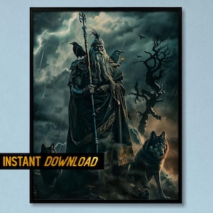 Viking God Odin - Norse Mythology Art, Odin Portrait with Ravens and Wolves, Norse God Wall Decor - Norse Mythology Art - Digital Download