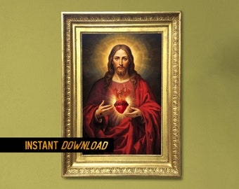 Sacred Heart of Jesus Portrait - Printable Jesus Painting Artwork - Christ Wall Art - Catholic home decor - Religious Housewarming Gift Idea