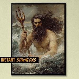 Classical Poseidon Painting – Greek God of the Sea with Trident, Mythological Ocean Art, Epic Fantasy Neptune Wall Decor – Digital Download