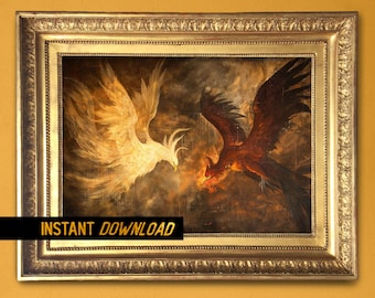 Phoenix Battle Art - Medieval War & Mythology Artwork -  Phoenix vs Firebird - Fantasy Classical renaissance painting - Instant download