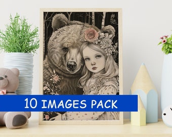 Enchanting Vintage Bear images - Russian Fairytale animal illustrations for kids room or Nursery decor - 10 HQ image pack - Instant Download