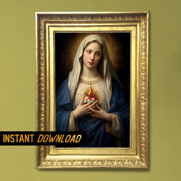 Unbeflecktes Herz Mariens, italienische Renaissancekunst, Jungfrau Maria digitales heiliges Herz, himmlisches spirituelles Geschenk - sofortdownload