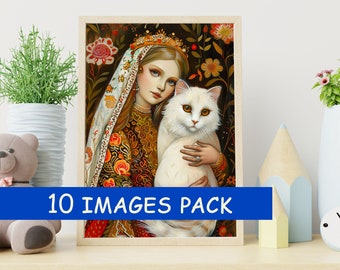 Medieval Cat Paintings for Girl's Room cat decor for animal lovers - 10 HQ image pack - Instant Download