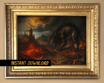 Gothic Horror City in Flames Artwork - Monstrous Beast Digital painting, Medieval Apocalypse Decor - Instant Download