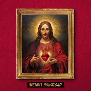 Peinture du Sacré-Cœur de Jésus-Christ - Art mural catholique - Oeuvre d'art chrétienne - Décoration sacrée-Cœur de Jésus divin - Téléchargement numérique