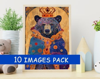 Fantasy Animals - Royal Bears illustrations for kids bedroom - Medieval Russian style - 10 HQ image pack - Instant download