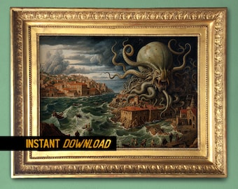 Kraken Attack Maritime Art - Legendary Sea Monster Painting - Lovecraftian Mythology - Renaissance mediterranean folklore - Instant Download