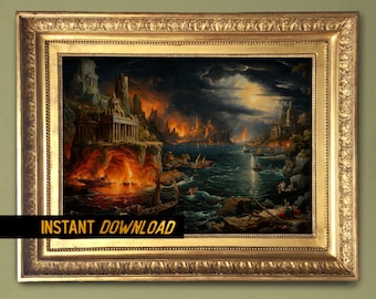 Fall of Empires Metaphor - Cataclysmic Seascape Art - Ancient City Ablaze - Historical Fantasy chiaroscuro Scene - Instant Download