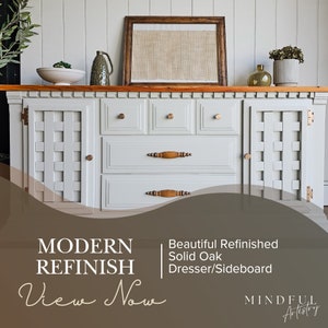 Solid Oak Dresser/Sideboard painted in a stunning Agreeable Grey color by SW Unique Brushes Gold Knobs | Modern Design Finish