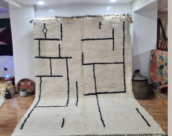 Premium Handwoven Beni Ourain Style| White Moroccan Rug with Elegant Black Lines| Luxury Berber Craftsmanship, Inspired Trend for Home Decor