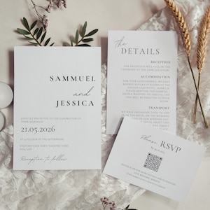 Pacchetto di modelli di inviti di nozze minimalisti con codice QR, confezione da 3, dettagli RSVP online minimalisti e moderni, eleganti.