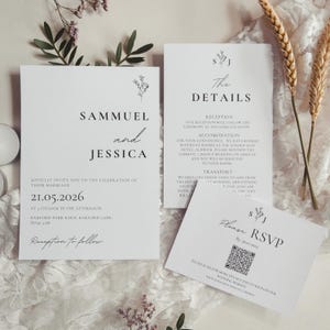 Minimalistische huwelijksuitnodiging tak ontwerpsjabloon bundel QR-code 3-pack moderne suite minimale online RSVP-details kaart elegant