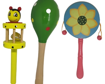 Houten rammelaar speelgoedset – kleurrijke, niet-giftige babyrammelaars, 3 stuks