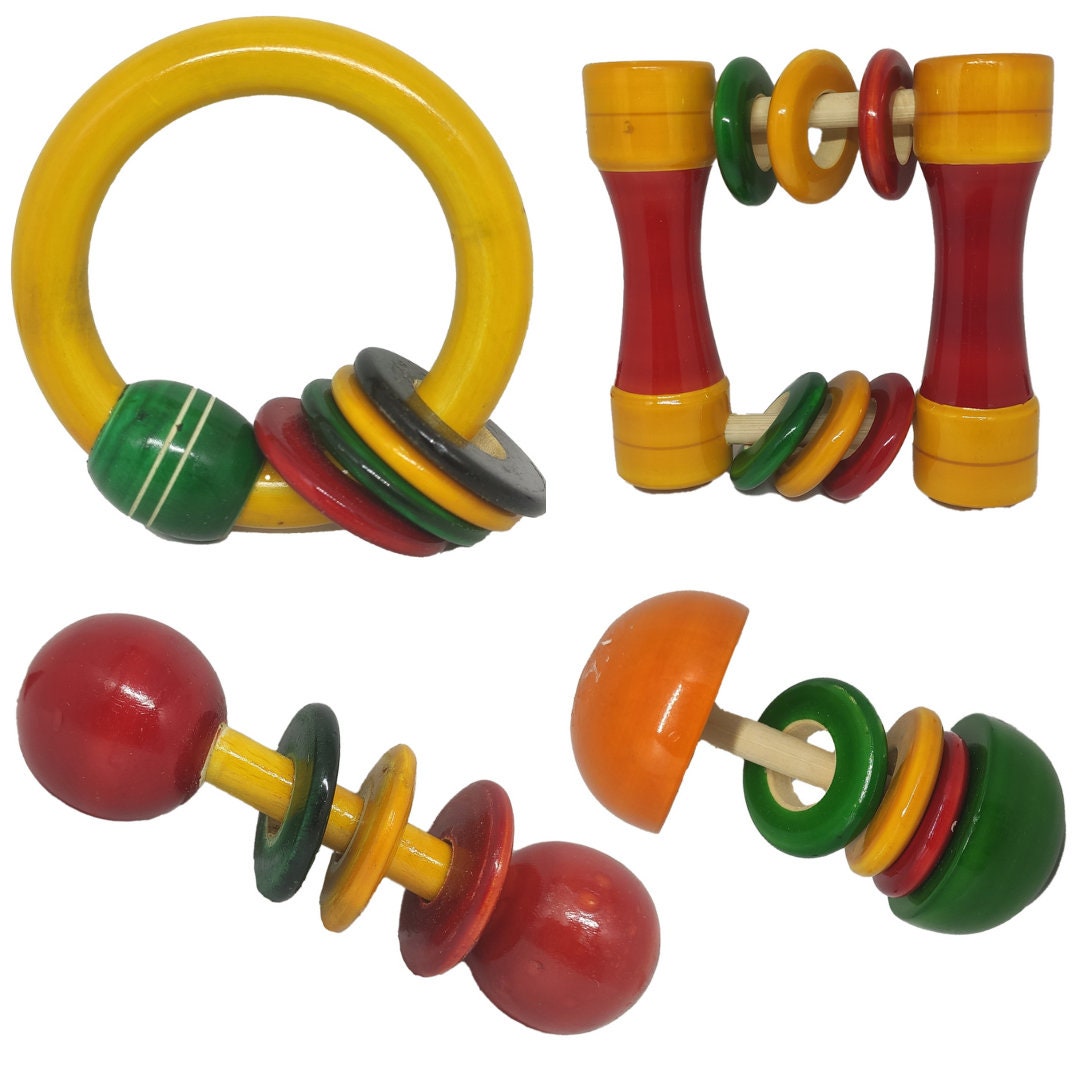 Wooden Non Toxic Colour Full Rattle Toy Combo 4 Pcs for 6 to 24 Months ...