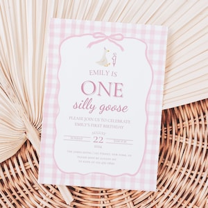 One Silly Goose First Birthday Invitation, Pink Gingham Goose Party Invite, Editable First Birthday Girl Invitation, One Silly Goose Party