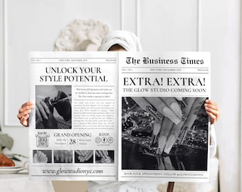 Modèle de journal d'entreprise, accessoire de séance photo personnalisable sur toile, grande annonce de journal, modèle de marque d'entreprise modifiable à faire soi-même