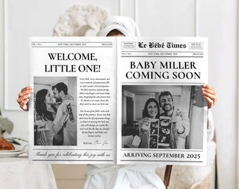 Baby Announcement Newspaper Template, Pregnancy Reveal (Canva)