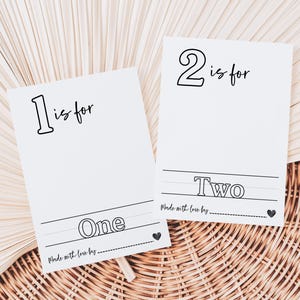 May include: Two printable cards with black outlines of the numbers 1 and 2. The text "1 is for One" and "2 is for Two" is written on the cards. The cards are on a woven wicker surface.