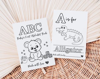 Livro de colorir para chá de bebê ABC, primeiro livro ABC do bebê, atividades para chá de bebê, jogo divertido para convidados de chá de bebê, livro do alfabeto para chá de bebê