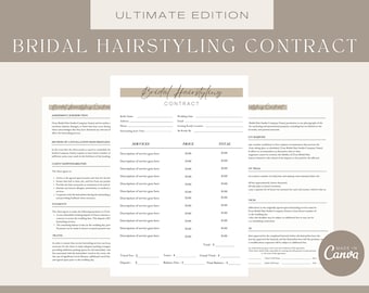 Plantilla de contrato de cabello nupcial, acuerdo de servicios de salón de fiesta nupcial de bodas, estilistas independientes, términos y condiciones editables para novias, CANVA