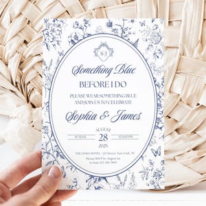 Something Blue Before I Do Bridal Shower Invitation, Editable Blue Bridal Shower Template, Toile De Jouy Canva Template, Blue Floral Invite