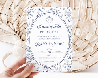 Something Blue Bridal Shower Invitation, Toile de Jouy Template (Digital)