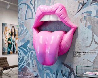 Handgjord väggskulptur med rosa läppar | Pop Art-dekor (harts och marmorstoft)