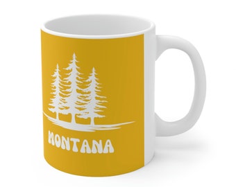 Montana Landscape Ceramic Coffee Mug, Camping, Nature, Tea cup, Gift for Her, Gift for Him,  Pine Tree Yellow 11oz