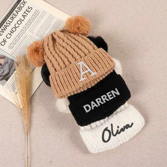 Custom Newborn Baby Pom Beanie Hat, Personalized Baby Beanie With