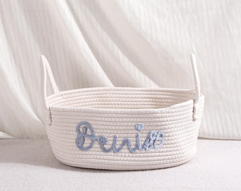 Handgemaakte opbergmand van katoenen touw voor babyspeelgoed, boeken en dierbenodigdheden - aanpasbare opberger voor babykamer, cadeaumand babyshower met naam