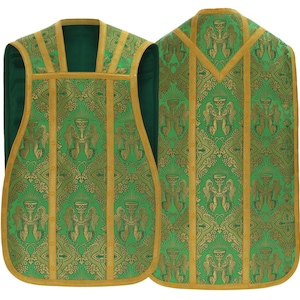 May include: Green and gold liturgical vestment with a detailed pattern featuring chalices and angels. The vestment has a gold trim and a dark green interior. The design is symmetrical, with the front and back of the vestment displayed.