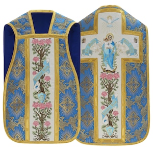 Marian Roman chasuble &quot;Ave Maria&quot; with stole, maniple, burse and chalice veil Vestment
