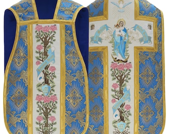 Marian Roman chasuble &quot;Ave Maria&quot; with stole, maniple, burse and chalice veil Vestment