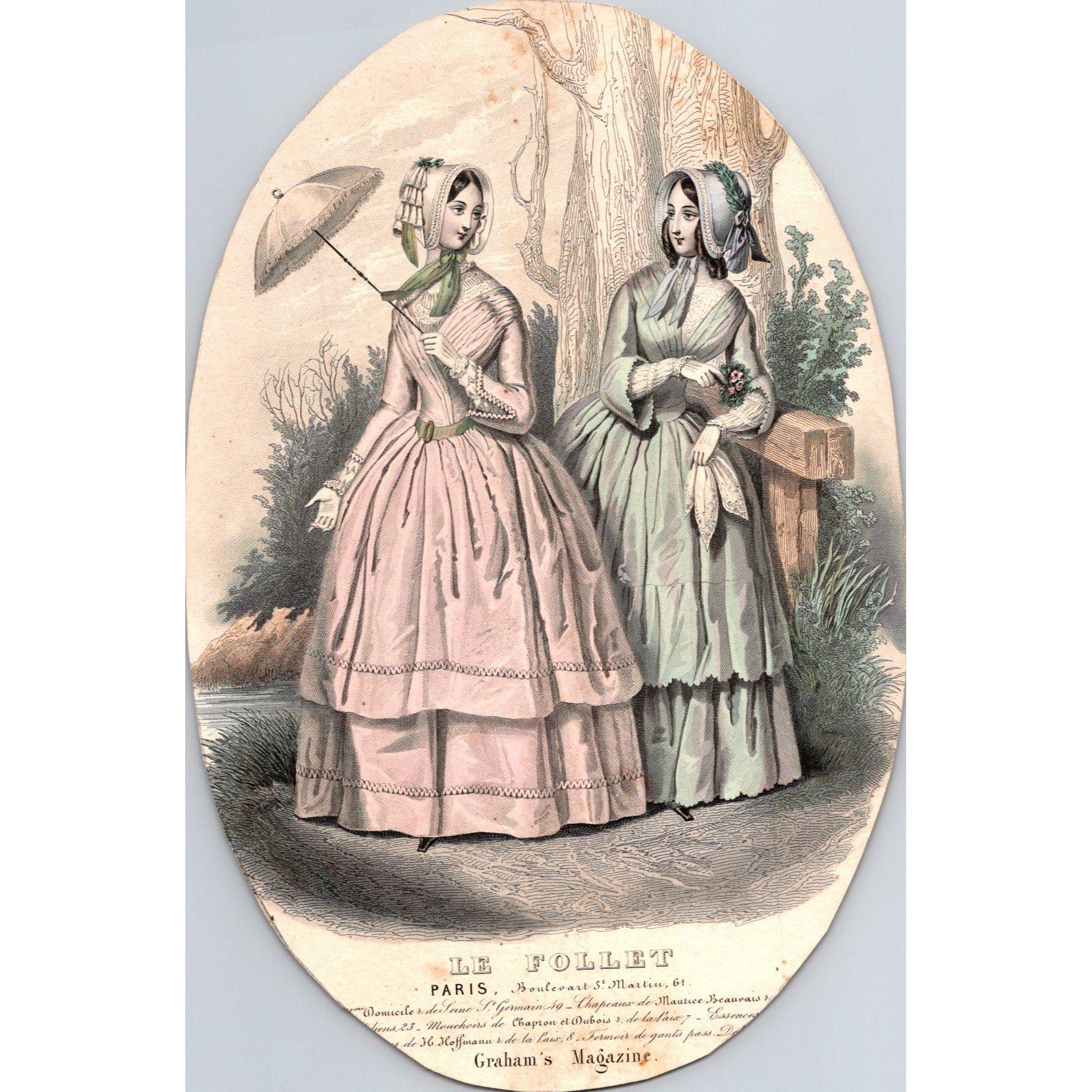 フランスアンティーク LE FOLLET ファッションフレーム 手彩色銅版画