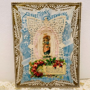 Cartão de felicitações antigo vitoriano com renda de papel dos anos 1800