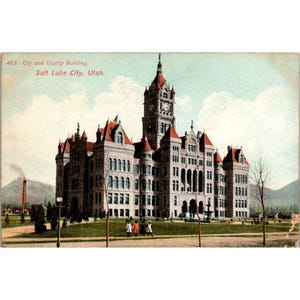 Cartão postal antigo – Edifício da cidade e do condado, Salt Lake City, Utah – Estilo neogótico, feito na Alemanha, 875