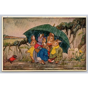 Postal Refugio de la lluvia Margaret Tempest Sociedad Medici artista tarjeta dibujo vintage #927