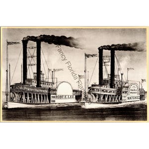 Antique Steamboat Book Illustration Robert E. Lee vs. Natchez Race Mississippi River Vintage Historical