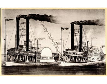 Antique Steamboat Book Illustration Robert E. Lee vs. Natchez Race Mississippi River Vintage Historical