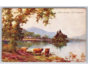 Cartolina vintage Swan Island Loch Lomond Scozia Valentine and Sons A357 0236