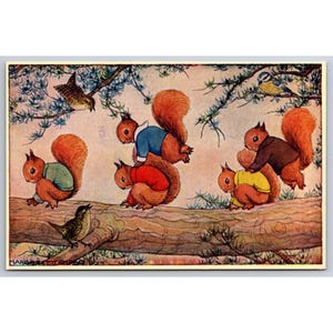 Cartão postal vintage nº 885 assinado pela artista MARGARET TEMPEST Medici Society LEAPFROG Squirrels
