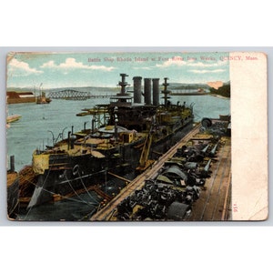 Carte postale antique navire de guerre Rhode Island à Fore River Iron Works Quincy Massachusetts 0575