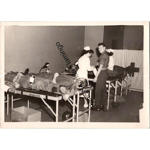 Vintage WWII Era Photo — Army Soldiers Donating Blood, Nurses & Medical Staff — Original Military Hospital Scene