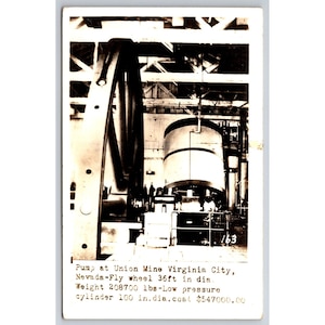 Carte postale vintage Pump Union Mine Virginia City Nevada Fly Wheel RPPC 0431